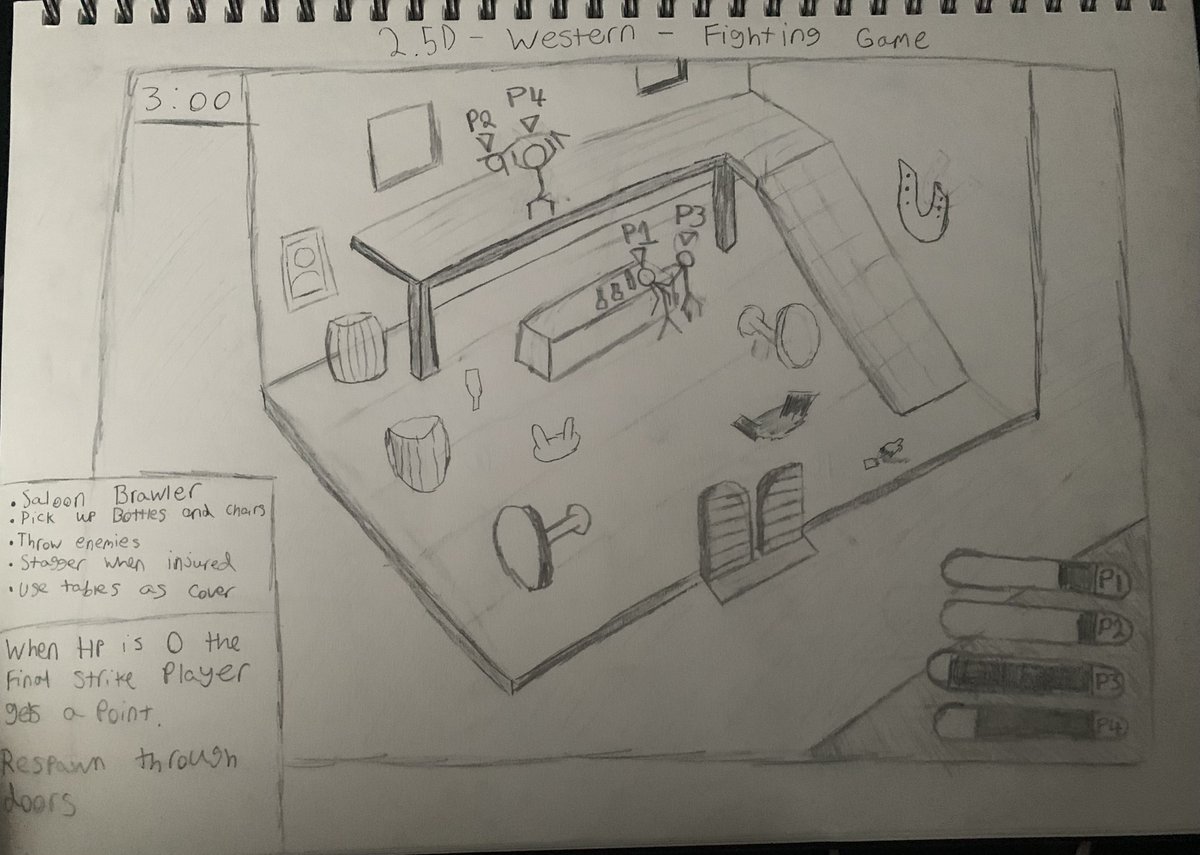 _DD101's tweet photo. A western fighting game immediately got me thinking of big saloon bar fights. I thought it would be funny to use environmental objects as extra attacks like sliding someone across the bar 🤠 https://t.co/h8s0ruxWbb