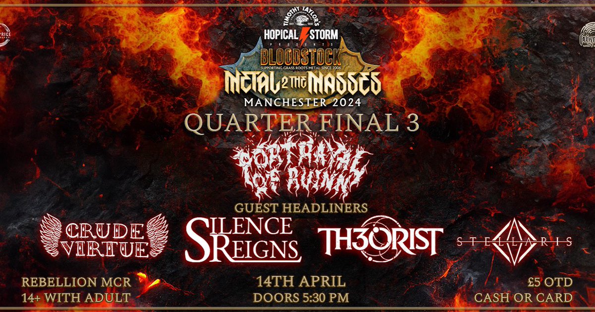 And here it is.The @m2tmofficial Manchester heat 3 quarter final show down. @crudevirtue @silencereignsband and @th3orist.uk have all reigned supreme in their first round and will be joining us on the 14th April. It’s gonna be a great fucking time.