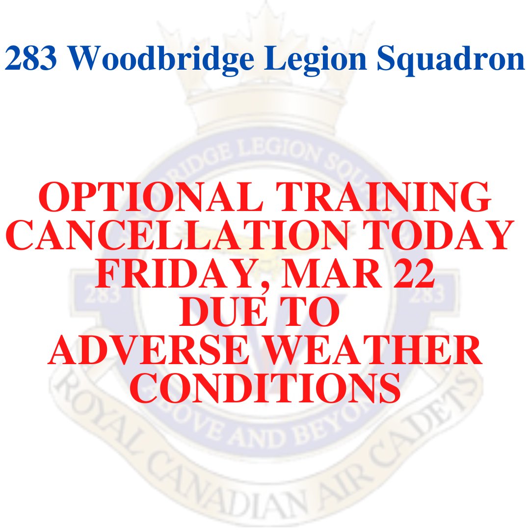 Please be advised that optional training will be cancelled TODAY, Friday, March 22 due to adverse weather conditions.