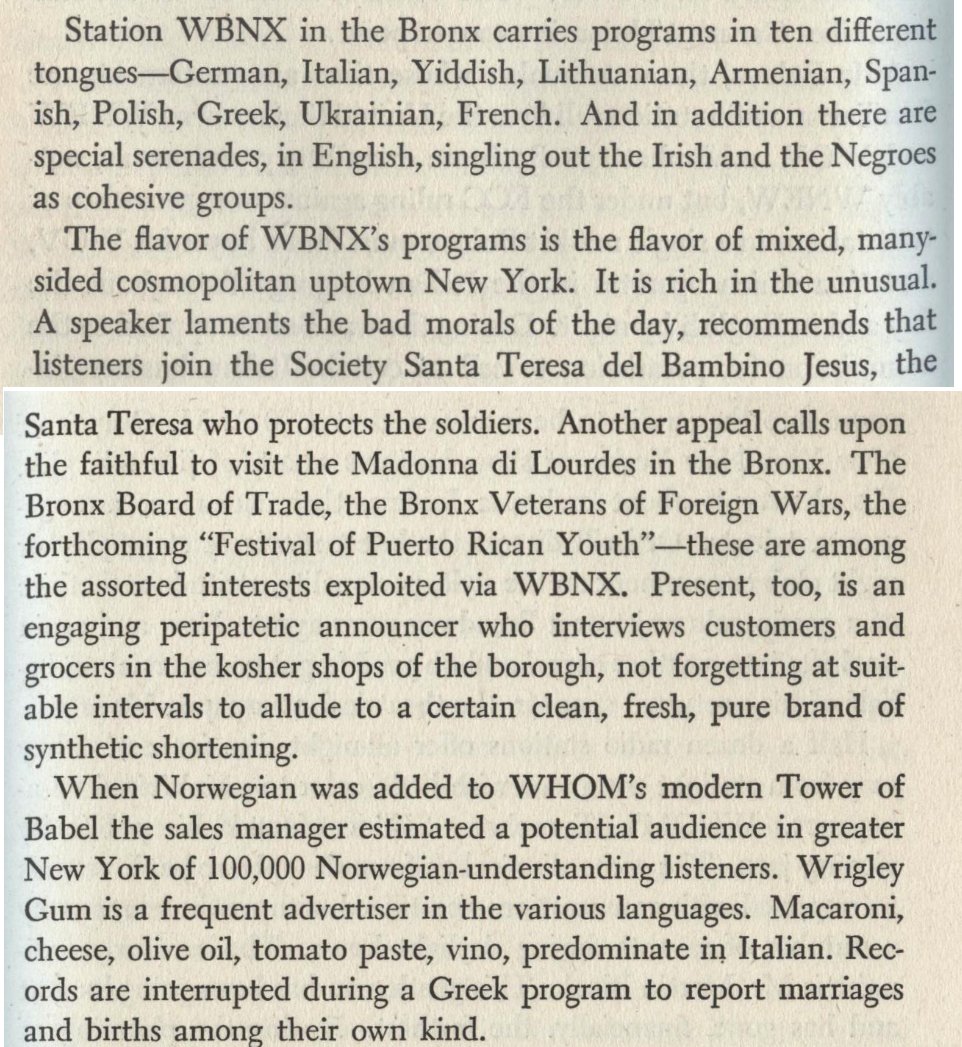 Speaking of which, here's an interesting description of multilingual radio in 1940s New York, from Robert J. Landry's 1946 book 𝘛𝘩𝘪𝘴 𝘍𝘢𝘴𝘤𝘪𝘯𝘢𝘵𝘪𝘯𝘨 𝘙𝘢𝘥𝘪𝘰 𝘉𝘶𝘴𝘪𝘯𝘦𝘴𝘴: