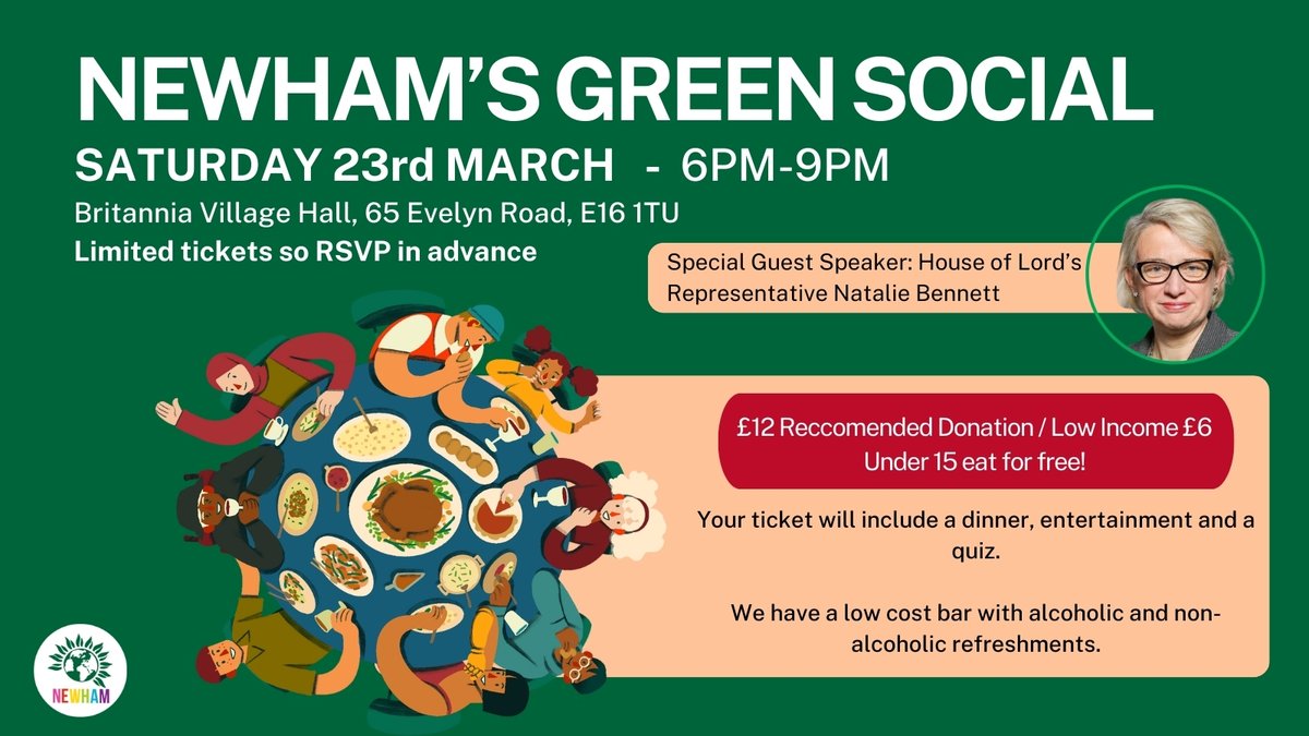 TOMORROW 6pm: Newham Greens Spring Soiree! 🌱🌼🐇🥚🎉🥳 With special guest speaker: @natalieben ! 📢We'll also be announcing our general election candidates, as chosen by members! 💚It's for all Greens, our supporters, friends & family. ALL WELCOME! 🎟️Info and tickets 👇⤵️