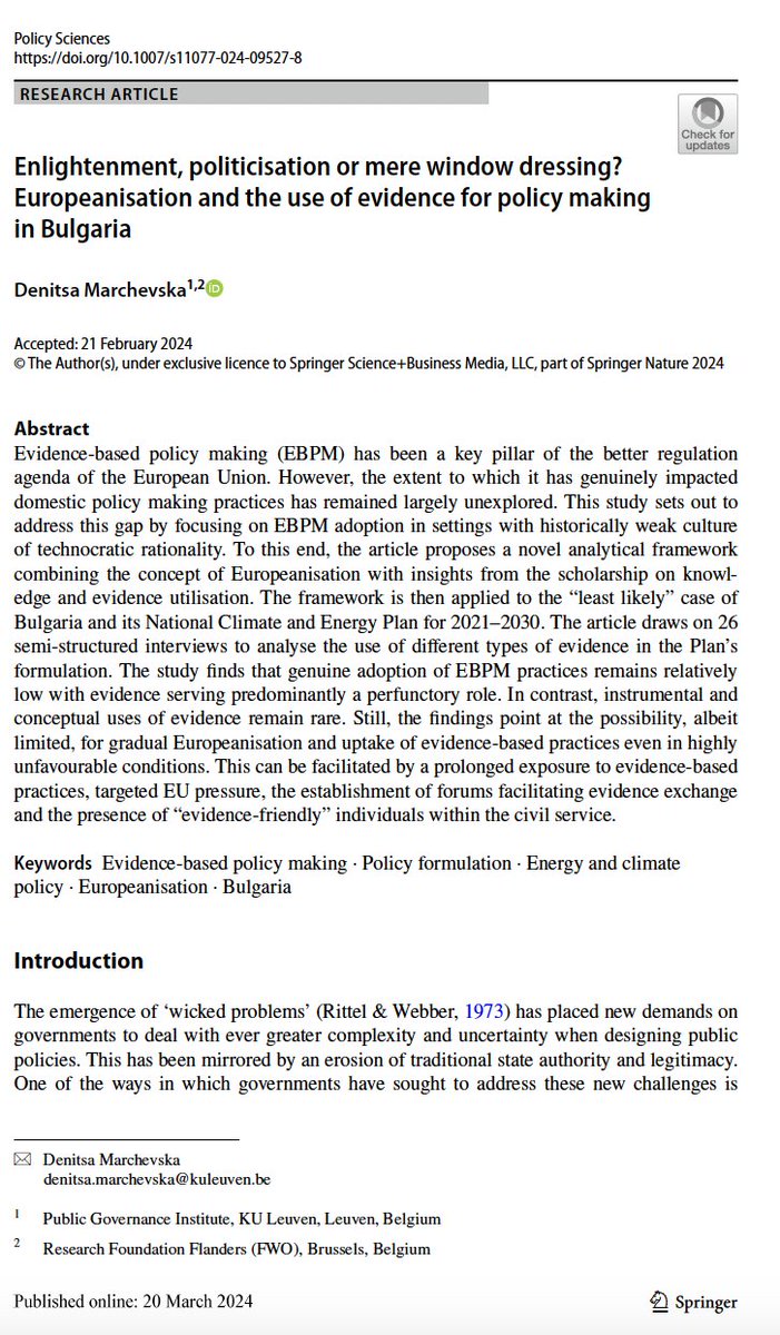 Does climate policy incorporate latest science? New <a href="/PolicySciences/">Policy Sciences</a> article addresses this question through case study of Bulgaria’s 2021-2030 National Climate &amp; Energy Plan. <a href="/DMarchevska/">Denitsa Marchevska</a> shows that science is mostly used to justify predetermined positions link.springer.com/article/10.100…