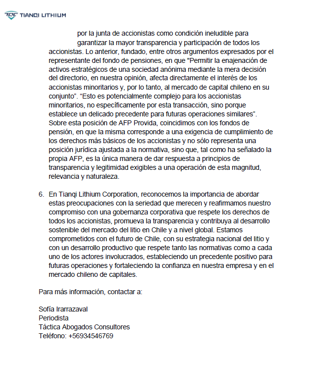 Tianqi clearly oposing the SQM-Codelco agreement. Why? Tianqi´s hope when it stepped into SQM was to one day to run the Li business by buying the control. With the agreement SQM-Codelco that dream vanishes since, even y controlling SQM, the Li business will be run by Codelco.