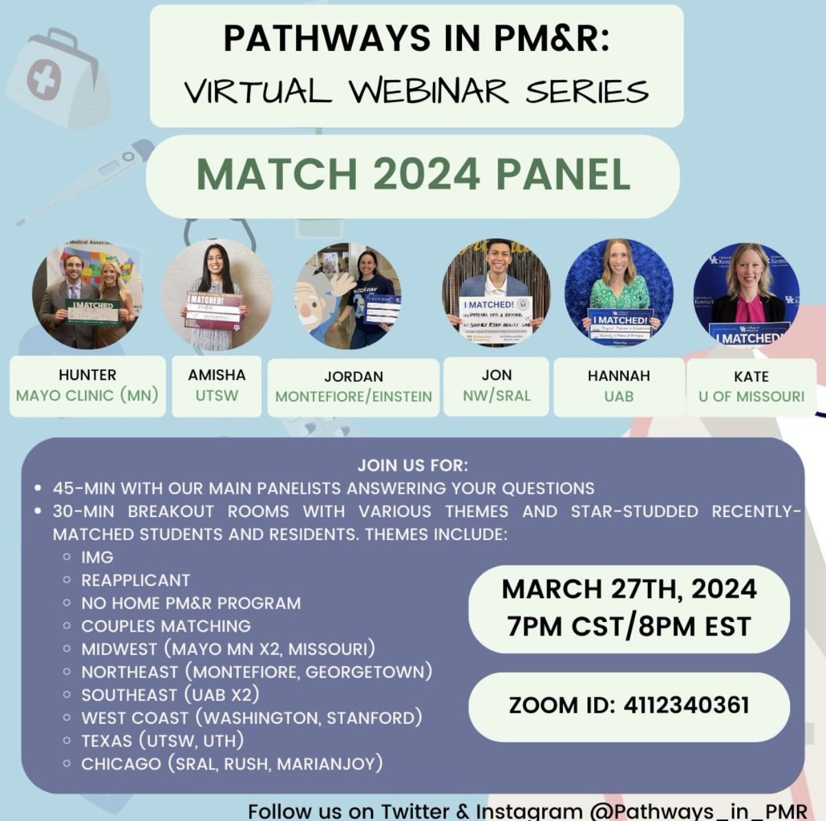 Come join us for our #Match2024 panel! We have incredible students and residents from all over the country ready to answer all of your questions! There will also be several themed rooms. Submit question for the main panel here: forms.gle/ZDoKuawjSdVBuW… #Physiatry #MedTwitter