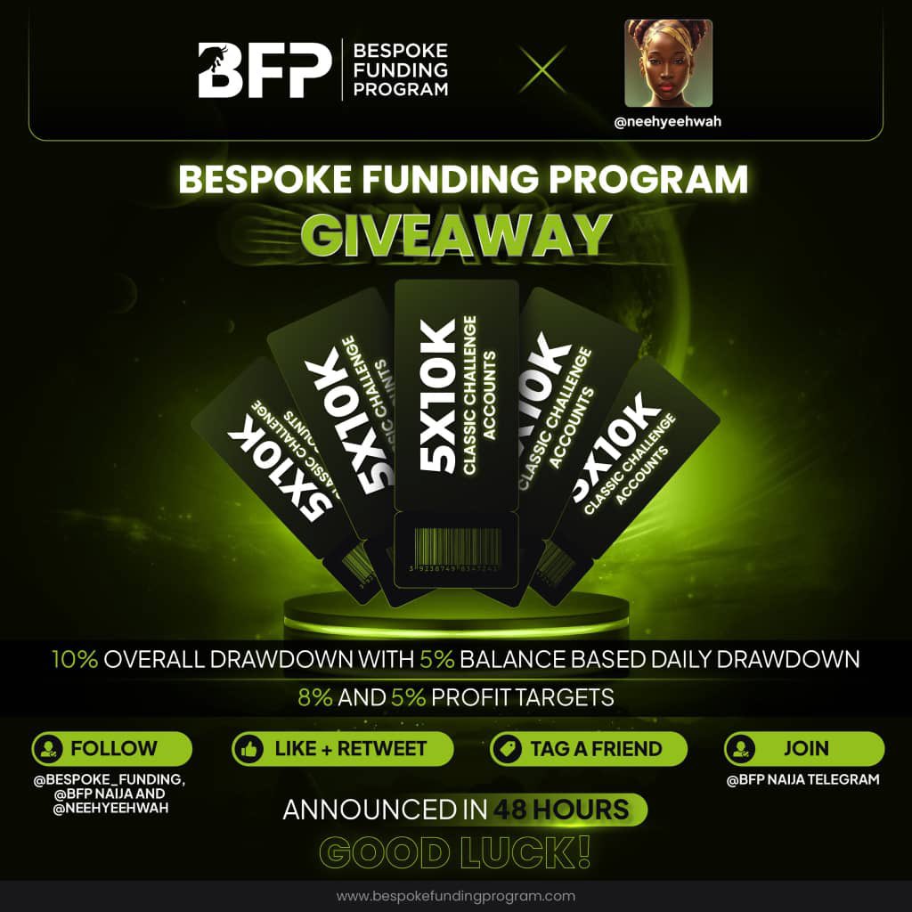 neehyeehwah's tweet photo. 🚨🚨 GIVEAWAY TIME 🚨🚨

I'll be giving out 5 $10k Challenge Accounts to 5 lucky people 💚

FOLLOW ALL INSTRUCTIONS BELOW‼️

1. Join the Bespoke Naija Telegram Community 👉 https://t.co/lkUALOrRGJ 

2. Follow @BFPNigeria, @Bespoke_Funding, @_THE_CRAFT3R_ and @neehyeehwah

3. Like and repost!!! 

4. Tag 2 Naija trading friends in the comments

📣📣 Winners will be announced in 48 hours

Goodluck 💚💚💚