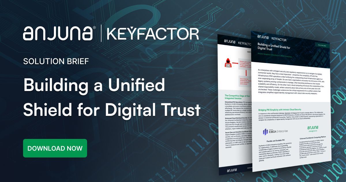 🤝 Keyfactor and Anjuna have partnered to integrate Keyfactor's EJBCA Enterprise 🔑, a flexible and robust PKI platform, with Anjuna Seaglass 🌊🏝️, the pioneer in Universal Confidential Computing. 🔁 📄 Read our joint solution brief ➡️ buff.ly/3VvIeZ4