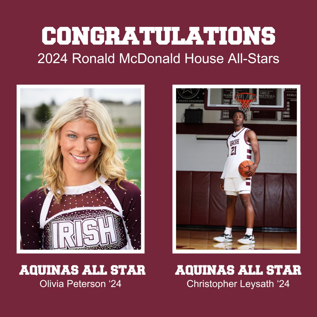 Tomorrow, 3/23 @ 1 PM (girls) & 3PM (boys), two of our talented student-athletes are participating in the Ronald McDonald House All-Star Event at Gates Chili High School. Congrats to Olivia Peterson ’24 (cheerleader) and Christopher Leysath ’24 (basketball player)! @AQ_Basketball