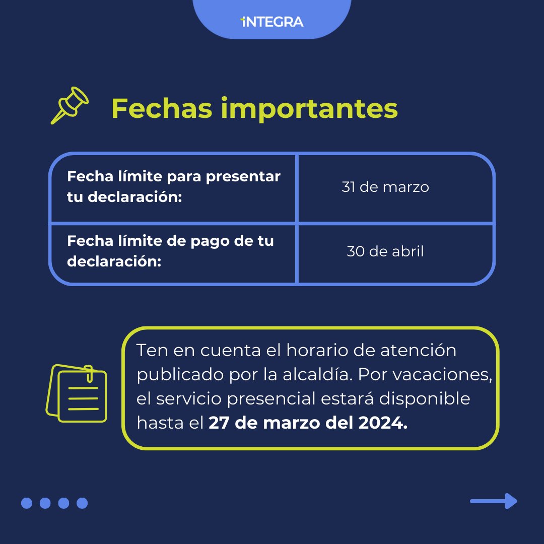Integra_Int's tweet photo. ⏰El plazo para presentar tu declaración de impuestos municipales está a punto de vencer. 

Por suerte, ahora puedes tomar acción desde cualquier lugar gracias a SAIT, pensando en tu comodidad 🖥️💼.

📌Recuerda ser puntual al declarar y evita preocupaciones futuras. https://t.co/G9e3tvxyQp