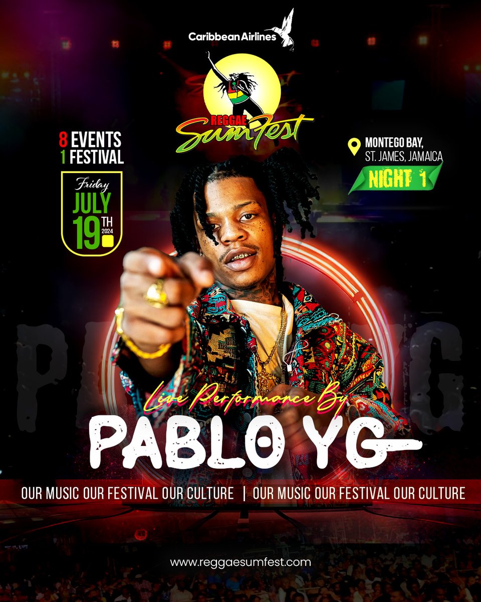 Weh unno seh rich and nah switch or rich and richer, eitha way @Official_pablo_yg ago fully active a Reggae Sumfest 🔊🔊 Stay Tuned! Early bird tickets will soon be available for purchase. #ReggaeSumfest2024 #OurMusic #OurFestival #OurCulture #TheSumfestExperience