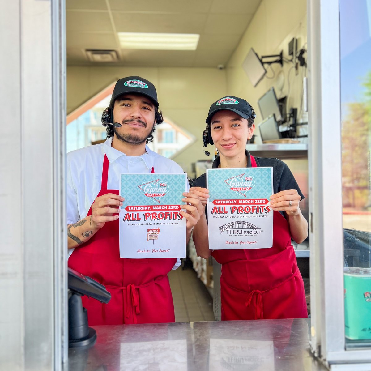 pterrys's tweet photo. Tomorrow! Join us for #GivingBackDay on Saturday and support Sunrise Homeless Navigation Center (Austin &amp; Central Texas) and @THRUProject (San Antonio)! 100% of the days profits will go to these organizations, so join us for a meal (or 3)! ❤️ 🍔 https://t.co/gISWSxq39k