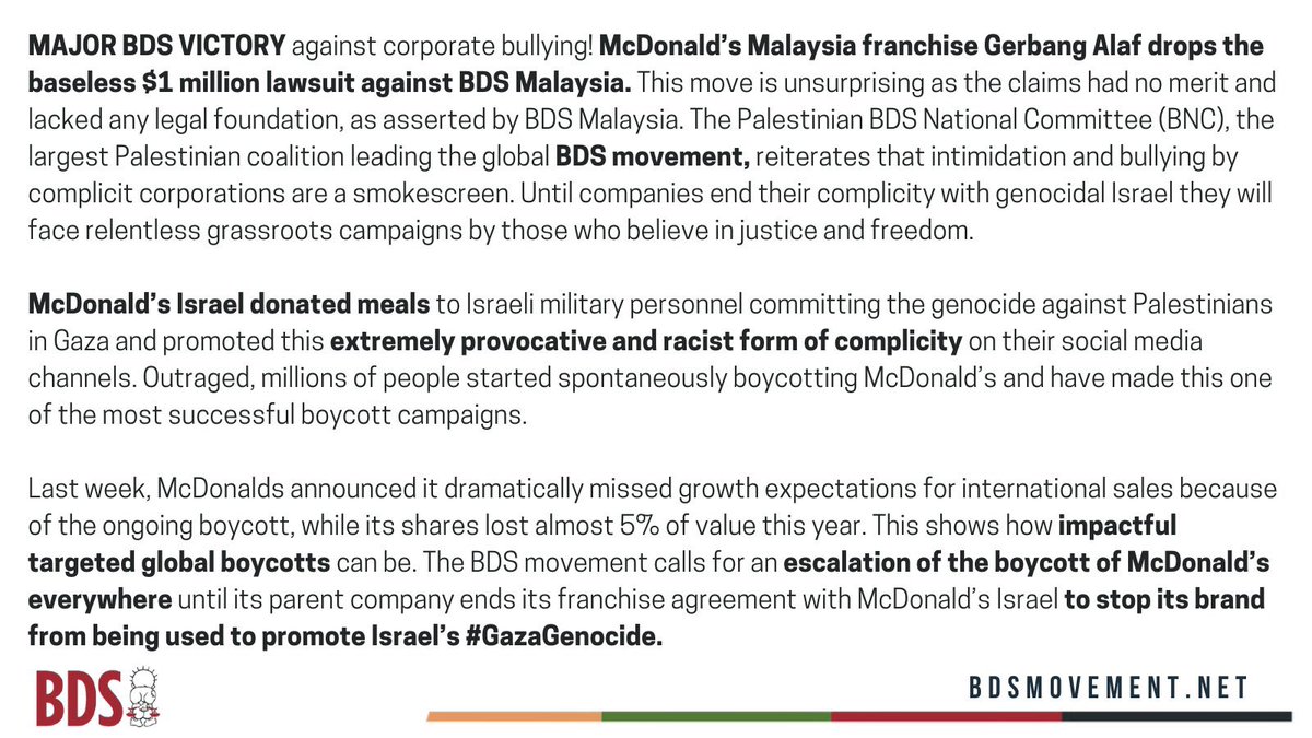 McDonald’s Malaysia drops $1M lawsuit against #BDS Malaysia after baseless claims!

#NoJusticeNoProfit 
#BDSMovement