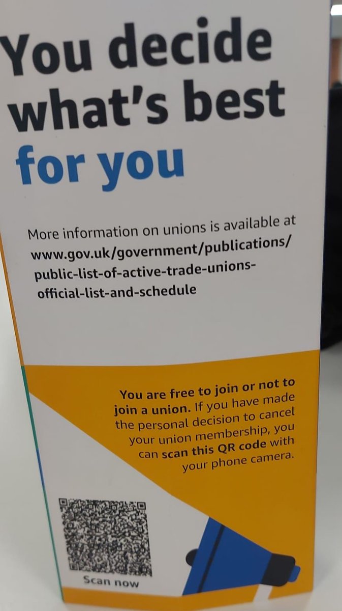 Amazon, on the brink of being forced to recognise a union for the first time in the UK, have ramped up union busting in Coventry. Union membership has gone from 30 to 1100 in just over a year. QR code on these leaflets produces a draft email to @GMB_union, cancelling membership