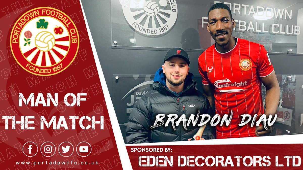 𝗣𝗦𝗦 𝗠𝗮𝗻 𝗼𝗳 𝘁𝗵𝗲 𝗠𝗮𝘁𝗰𝗵 | 𝗕𝗿𝗮𝗻𝗱𝗼𝗻 𝗗𝗶𝗮𝘂 | 𝗣𝗼𝗿𝘁𝗮𝗱𝗼𝘄𝗻 𝟮 𝗕𝗮𝗻𝗴𝗼𝗿 𝟭

Congratulations to Brandon Diau who was selected as the PSS Man of the Match in this evenings victory against Bangor by sponsor, Eden Decorators Ltd