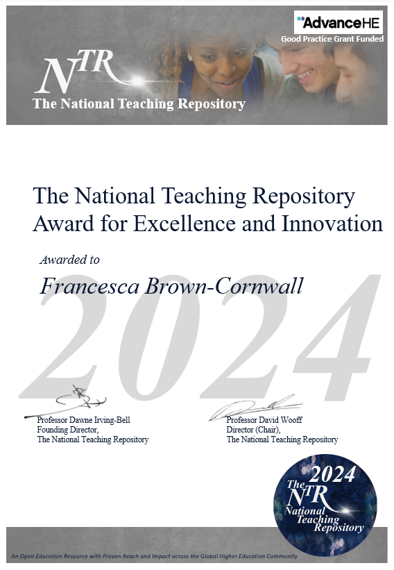 For sharing exceptional work we are delighted to present the @NTRepository 2024 for Excellence and Innovation to @FrankieCornwall. Huge congratulations and very well deserved! @SCOLPPStaffsUni View Francesca's work here: figshare.edgehill.ac.uk/search?q=Franc…