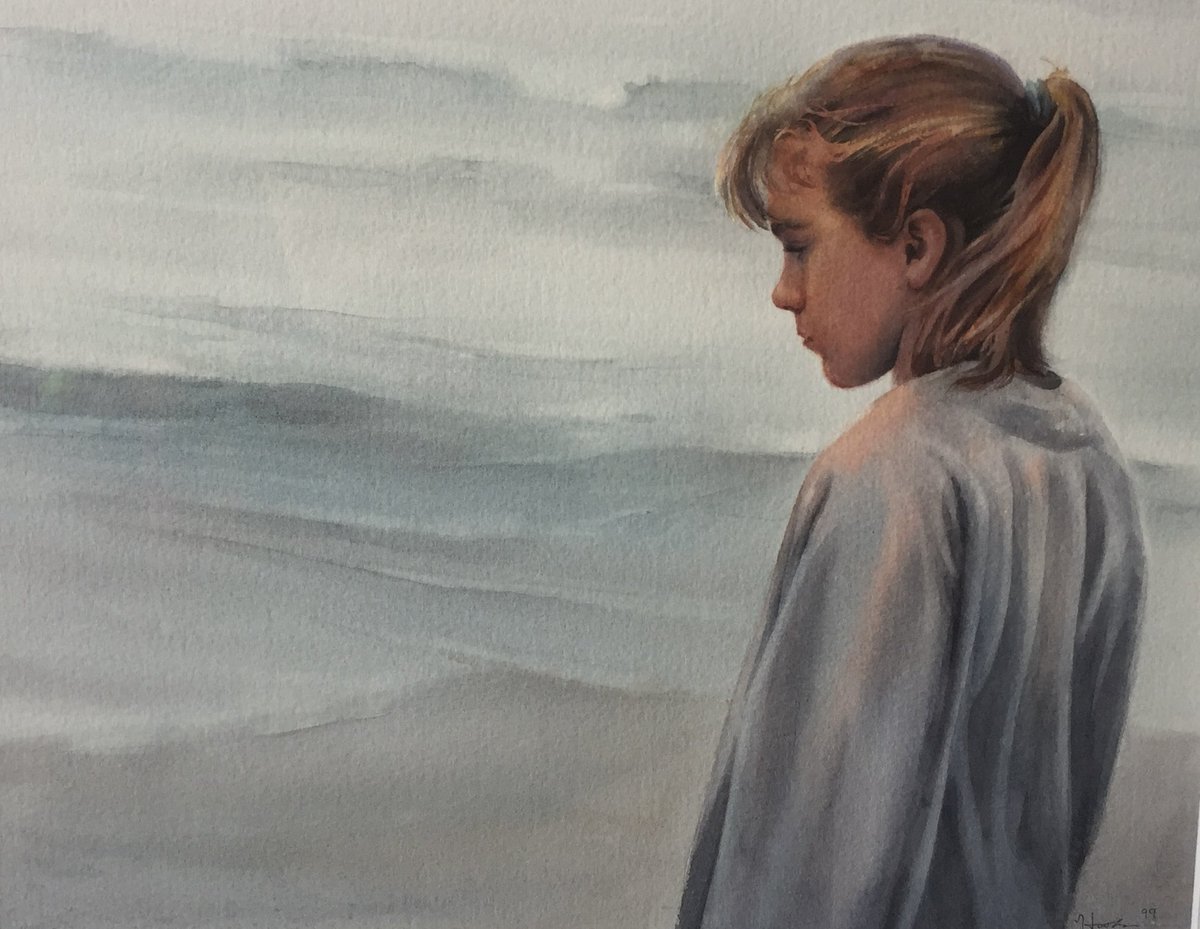 Art break! This is a watercolor I did of my daughter when she was about 12 walking on the beach in her brother’s sweatshirt. She is 38 now and a RN nurse manager…..seems like yesterday. 😍
