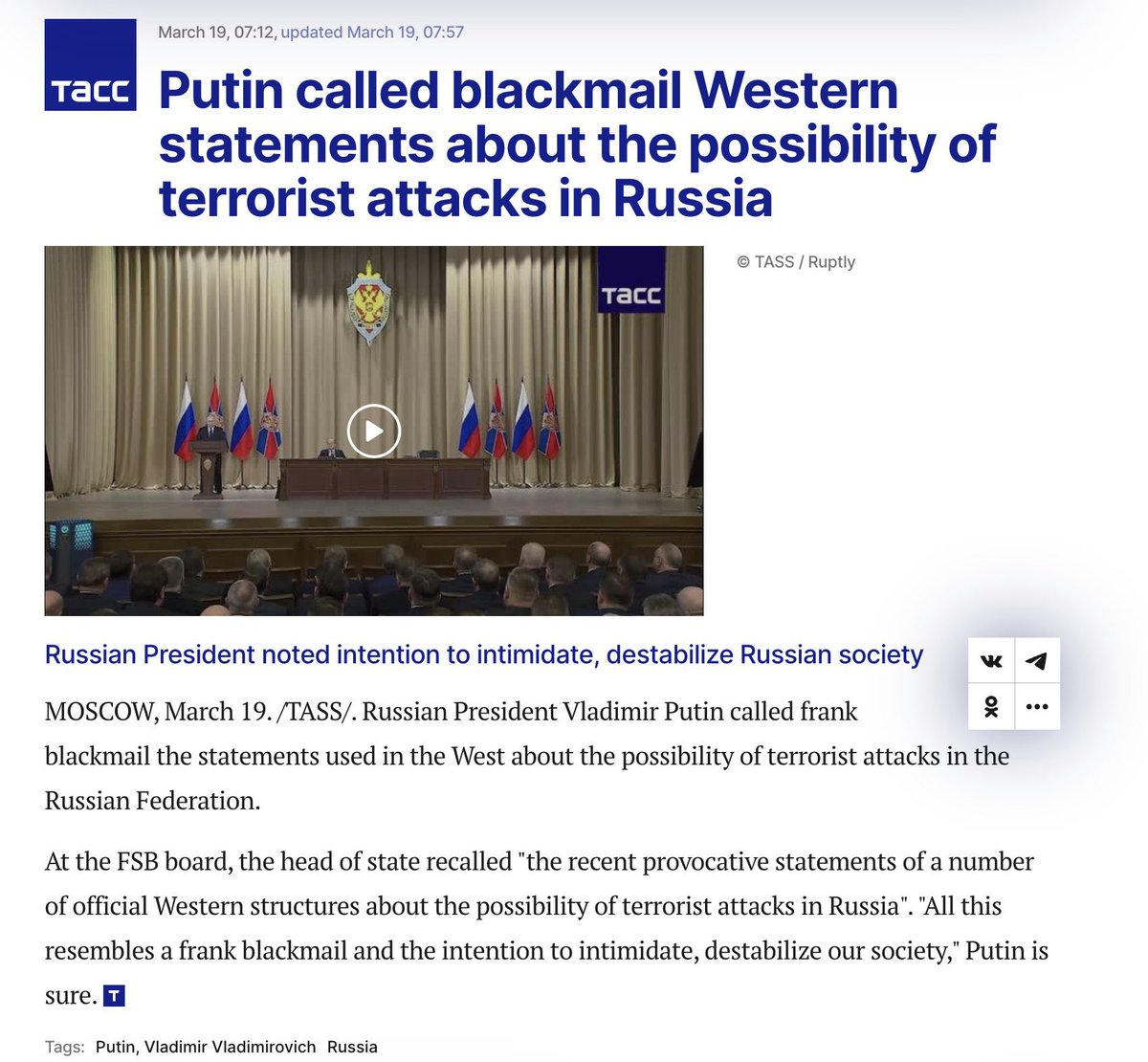 Terrorists have invaded Moscow, but according to this report, Russia was warned 2 weeks ago about it by U.S. Intelligence Agencies but Putin called a it blackmail. Never ignore jihadists. If you see them once, put an end to them or your generations will pay for it. They are like