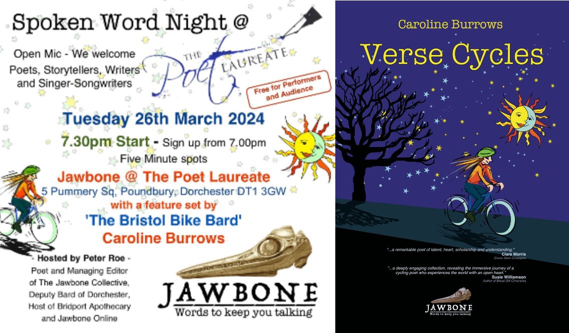 More Verse Cycle poetry collection appearances in the South West: Dorchester Tues 26th March.
#versecycles #versecycle #carolineburrows #cyclepoet #dorchester #openmicpoetry #openmiccreatives #openmic #thepoetlaureate #jawbone #thejawbonecollective #poetry #spokenword