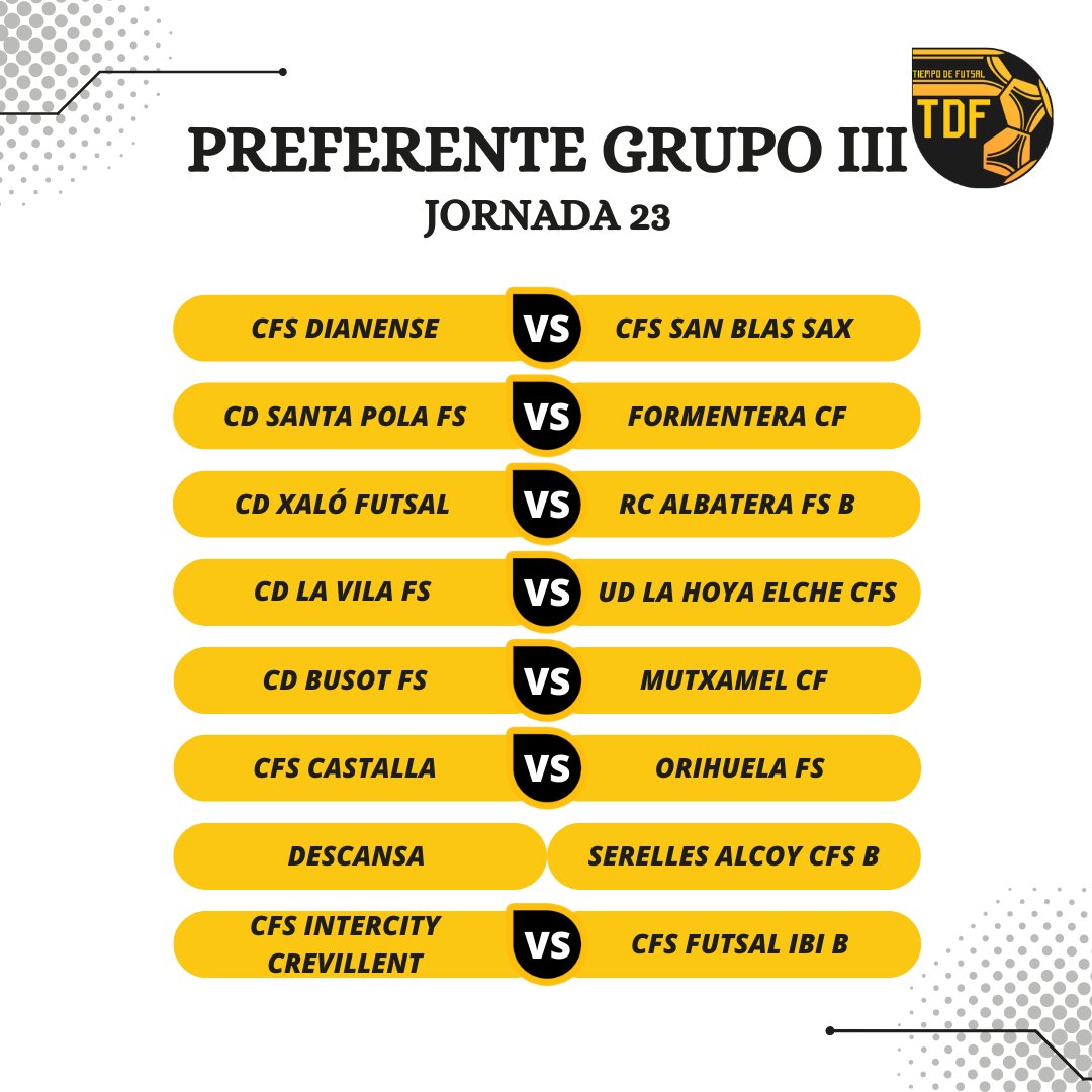 Tiempo de Futsal (@tdfutsal) on Twitter photo 𝘗𝘙𝘌𝘍𝘌𝘙𝘌𝘕𝘛𝘌 𝘎𝘙𝘜𝘗𝘖 𝘐𝘐𝘐. 𝘑𝘖𝘙𝘕𝘈𝘋𝘈 23
⭐ El Pabellón de "Els Oms" será testigo del duelo en la zona noble entre <a href="/busot_fs/">C.D.Busot FS</a> y Mutxamel CFS. El triunfo de los busoteros los devolvería a puestos de ascenso, mientras que la victoria visitante permitiría a los 𝘗𝘙𝘌𝘍𝘌𝘙𝘌𝘕𝘛𝘌 𝘎𝘙𝘜𝘗𝘖 𝘐𝘐𝘐. 𝘑𝘖𝘙𝘕𝘈𝘋𝘈 23
⭐ El Pabellón de "Els Oms" será testigo del duelo en la zona noble entre <a href="/busot_fs/">C.D.Busot FS</a> y Mutxamel CFS. El triunfo de los busoteros los devolvería a puestos de ascenso, mientras que la victoria visitante permitiría a los