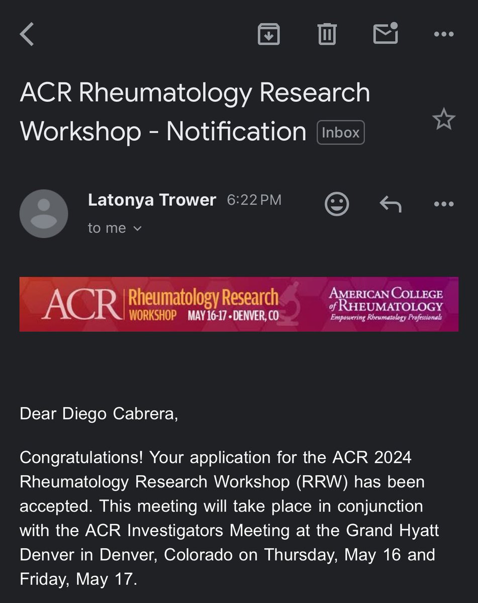 Excited and grateful to be accepted to the @RheumResearch Workshop this May!! @YaleRheumAller1 @HsiehEvelyn