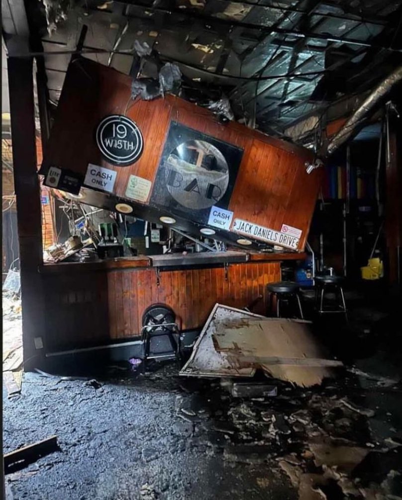 taylr's tweet photo. the 19 bar is in bad shape inside after the fire today :/ found on IG https://t.co/EndscjxMLr