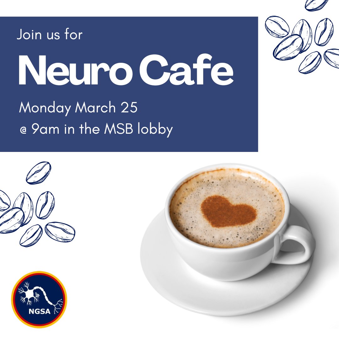 NGSA students - Neuro Cafe will be from 9-10am in the lobby of DMS on this Monday March 25th. ☕️

If you haven't brought a snack before please consider bringing something this time for others to enjoy. 😊

We look forward to socializing with you then! 🧠🧪

#Neuroscience #UVic