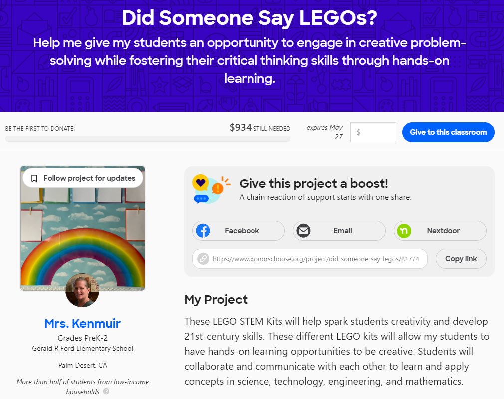 donorschoose.org/project/did-so…

These LEGO STEM Kits will help spark students creativity and develop 21st-century skills.
#donorschoose