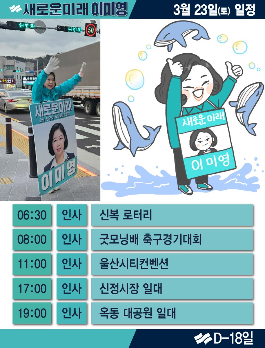 🩴[3월 23일 울산 똑순이 이미영 후보 일정]

오늘도 우리 새미래의 희망 신나게 뻗어나갈 수 있게 힘차게 응원합시다~🙌

#울산 #남구갑 #이미영 #새로운미래 #신정동 #삼호동 #무거동 #옥동
오늘 제 일정입니다.

열심히 뛰겠습니다.
오늘도 새롭고 행복한 하루 되세요!