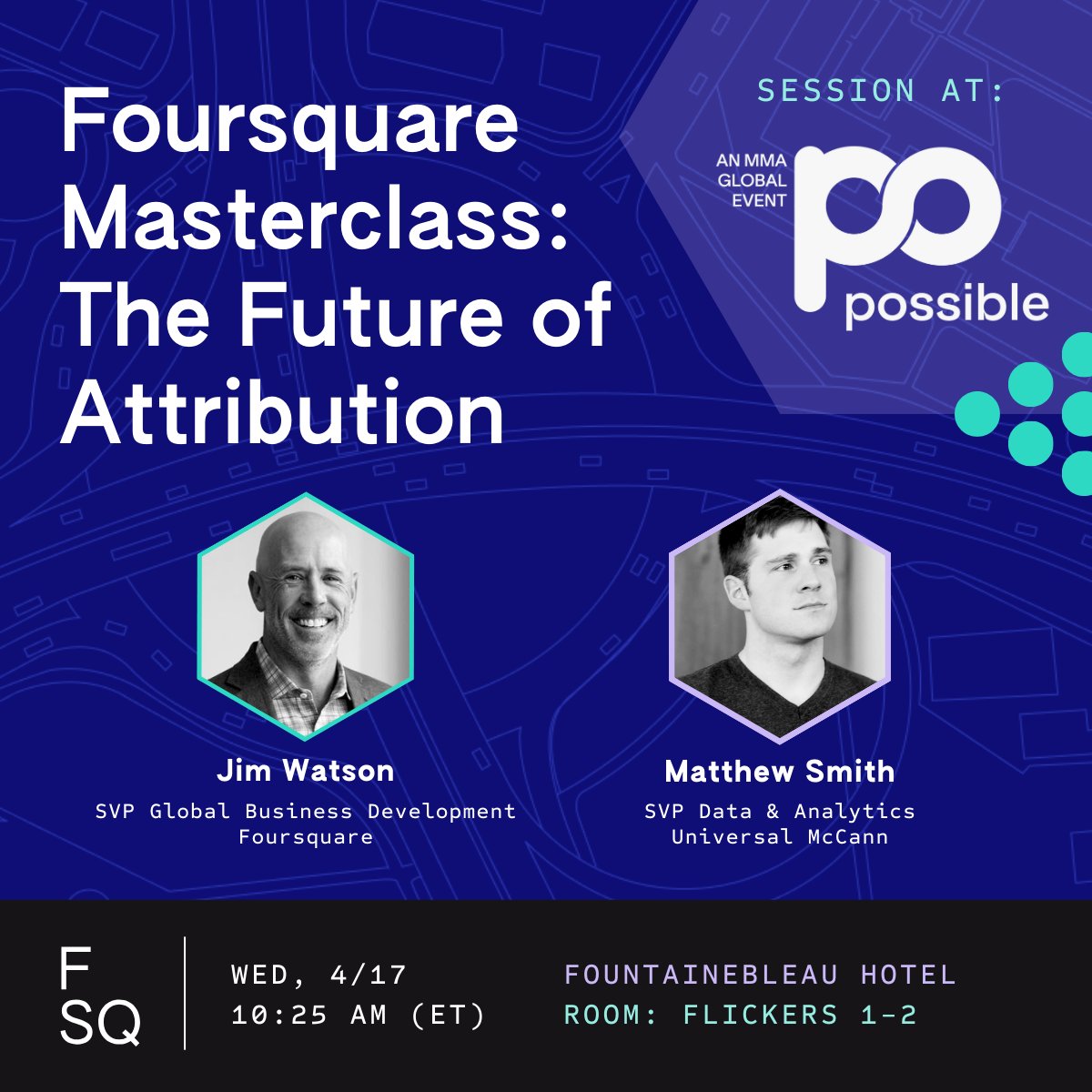 📣 We're gearing up for #MMAPossible 2024 where Foursquare's SVP Global Business Development, Jim Watson, will be sharing insights alongside @universalmccann's SVP Data & Analytics, Matthew Smith! 🌟 See you there! #Foursquare #mobilemarketing