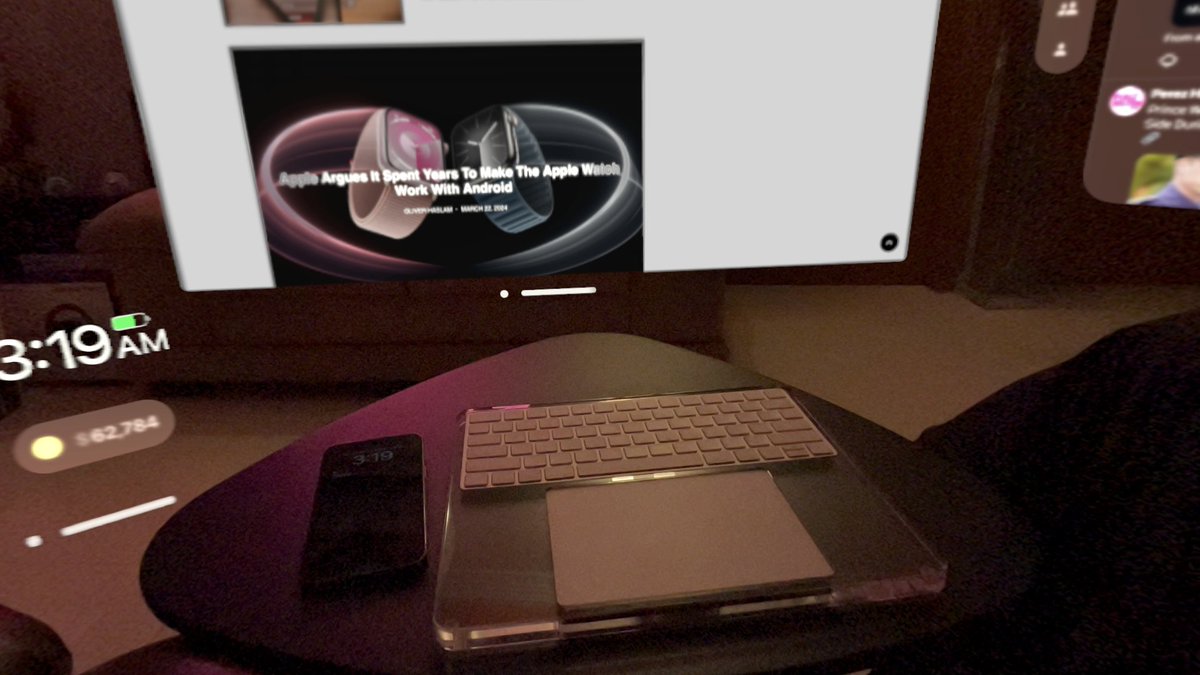 TaimurAsad's tweet image. My new desk setup ᯅ 
P.S. Loving this case for Magic Keyboard+Trackpad. Kinda complements translucent interface of visionOS. 
#VisionPro #SpatialComputer