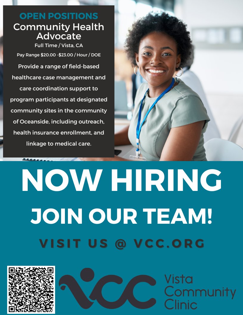 Join our team. Vista Community Clinic is hiring! Click on the link below to see all our open positions and apply today! …https://careerportaln-vistacommunityclinic.icims.comVista Community Clinic is an Equal Opportunity Employer. #VCC #ChooseHealth #HiringNow #HealthcareCareers