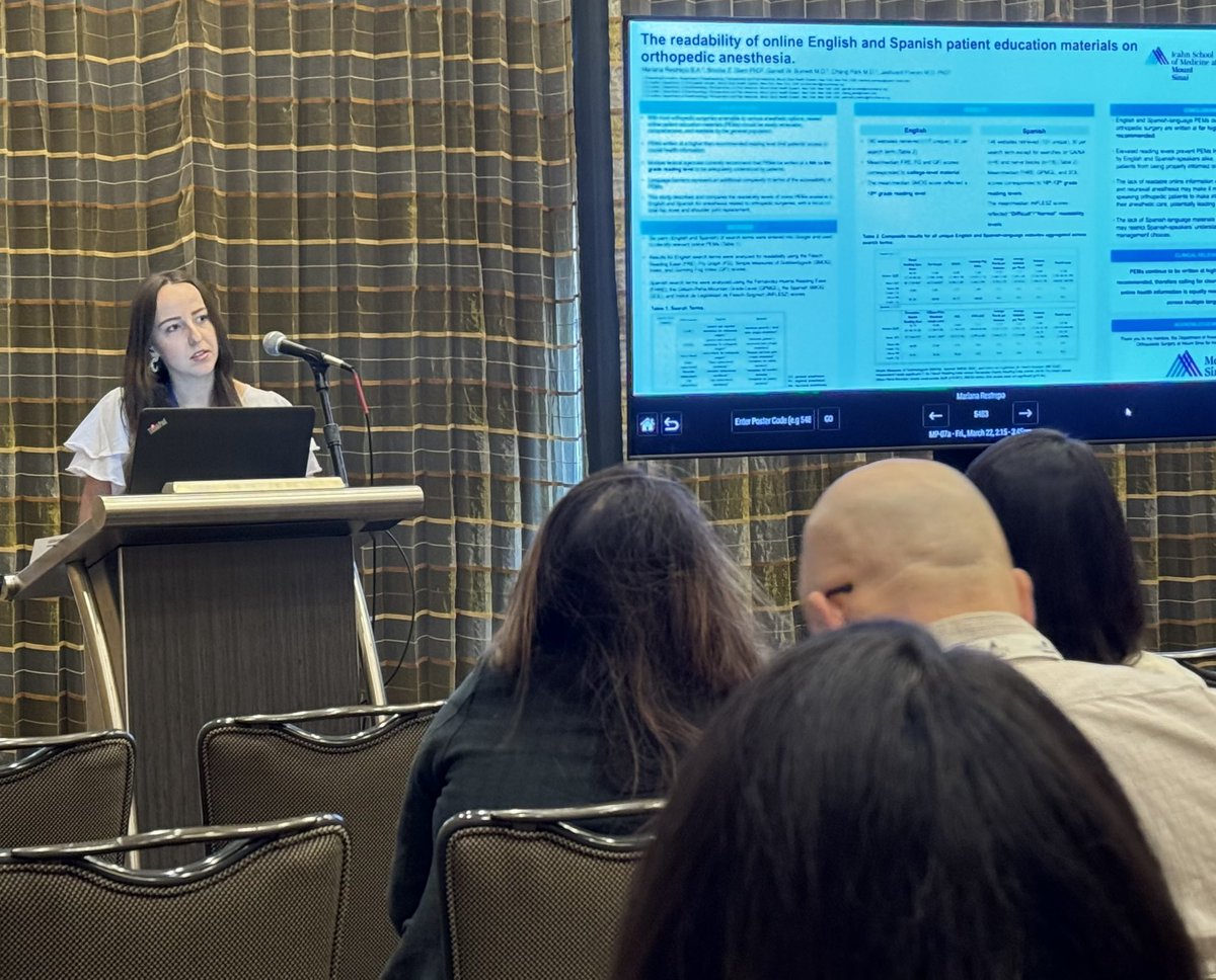jashvant_p's tweet photo. @marianarestmed representing @IcahnMountSinai at #ASRASPRING24 Presenting on the readability of online Spanish &amp; English pt education materials on ortho anesthesia. We need more accessible information for our non-English speaking pts. https://t.co/I2rW8oqLYf