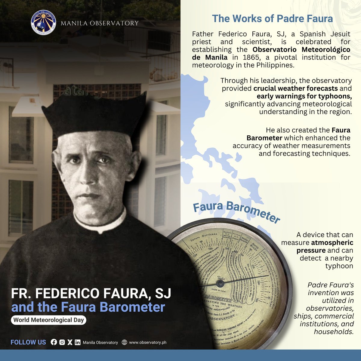 On #WorldMeteorologicalDay, we honor the legacy of Fr. Federico Faura, SJ, the first director of the Manila Observatory, whose pioneering efforts revolutionized the study of weather and typhoons in the Philippines. Read here: facebook.com/share/p/GUD7Yk…