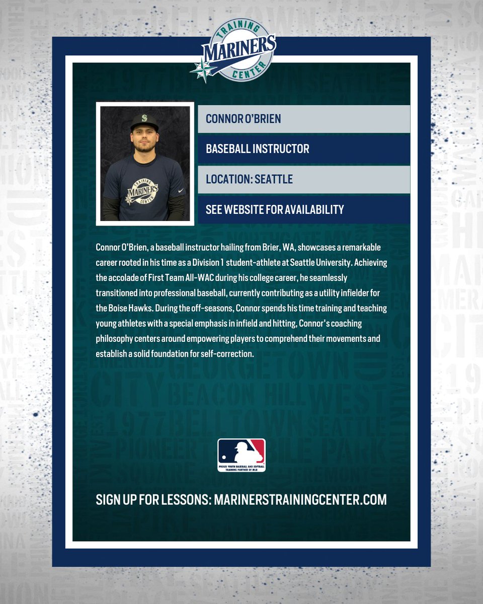 Baseball Instructor Spotlight! 🌟 Connor O’Brien | 📍 MTC Seattle Specializing in infield and hitting Book a lesson with him today! 👉 marinerstrainingcenter.com/lessons/