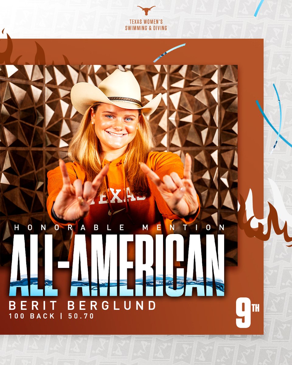 Berit Berglund earns Honorable Mention All-American honors in the 100 back with a career-best swim of 50.70! 🏆🤘

Her time is the fifth-fastest in program history! 🔥

#HookEm | #NCAASwimDive