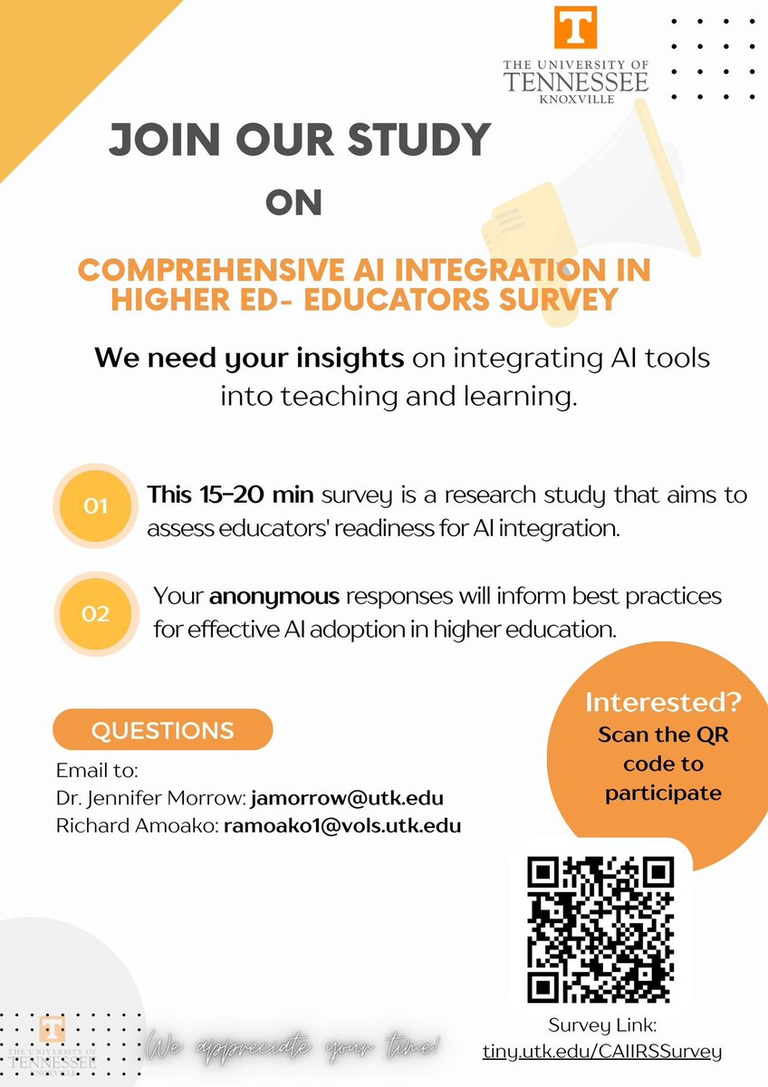 Calling all faculty/instructors/teaching staff in higher ed across the United States! We need your insights into integrating AI tools into teaching and learning.

Interested? Click the link to participate: tiny.utk.edu/CAIIRSSurvey

#HigherEd #HigherEducation