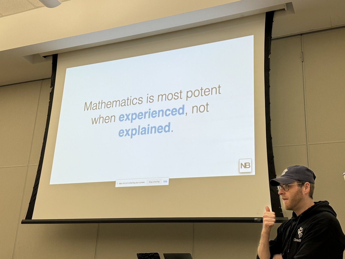 Last night @NatBanting spoke to a small group of our local @OAMEcounts members. Among other things, this was my favourite slide: “Math is most potent when experienced, not when explained” #MathChat #MTBoS #MathChat