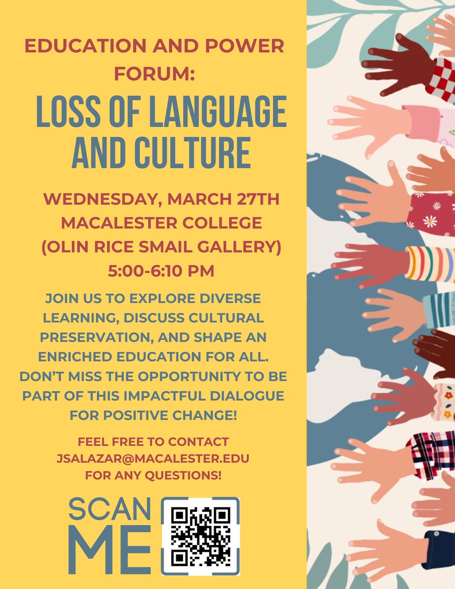 Education and Power Forum!

Come join us!

Hosted by Macalester students, for a community discussion on language and culture reclamation in learning spaces!