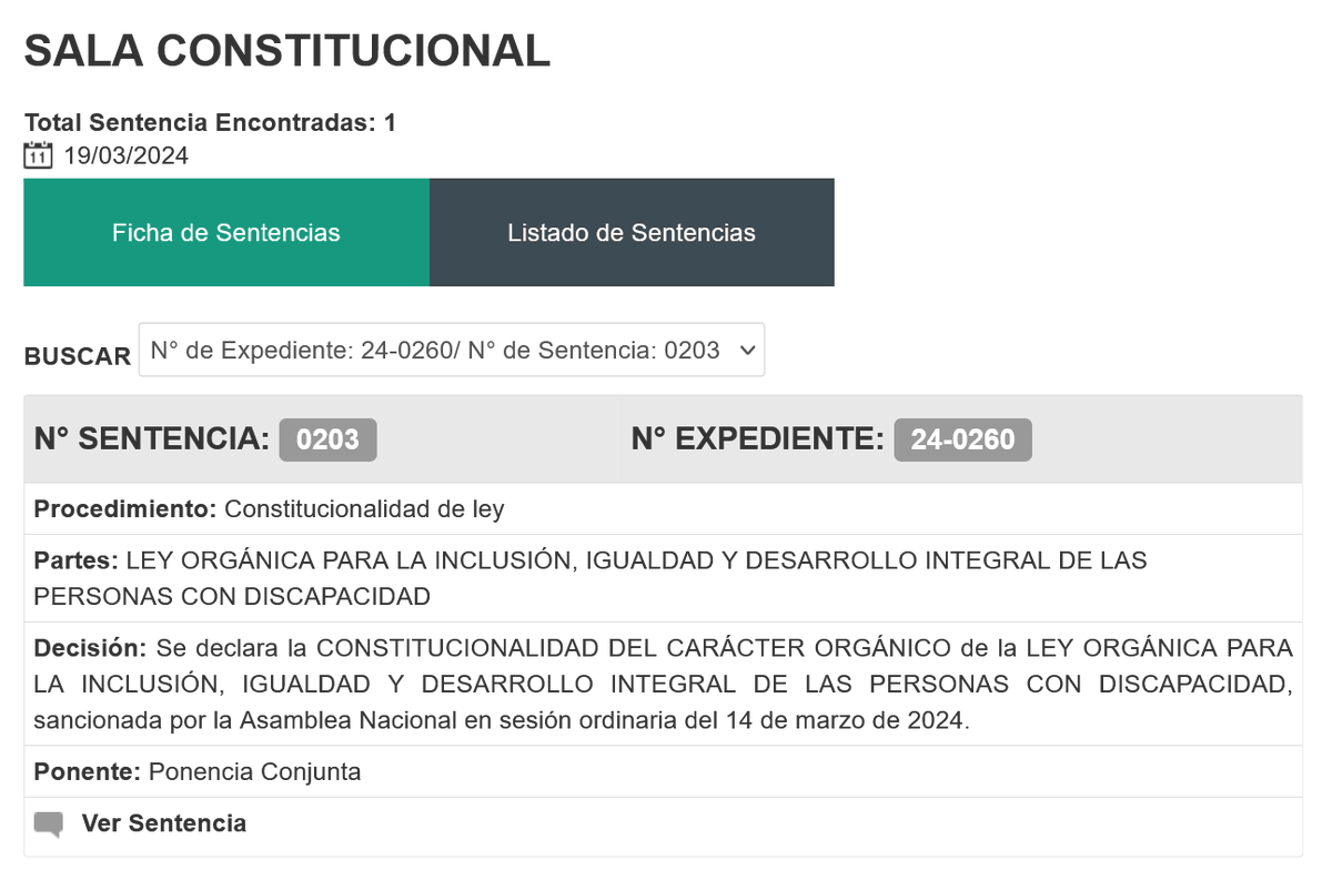 La Sala Constitucional del <a href="/TSJ_Venezuela/">TSJ Venezuela</a> declara la CONSTITUCIONALIDAD DEL CARÁCTER ORGÁNICO de la LEY ORGÁNICA PARA LA INCLUSIÓN, IGUALDAD Y DESARROLLO INTEGRAL DE LAS PERSONAS CON DISCAPACIDAD sancionada por la <a href="/Asamblea_Ven/">Asamblea Nacional 🇻🇪</a>, en cumplimiento de la #CRBV y la Ley Org del #TSJ
