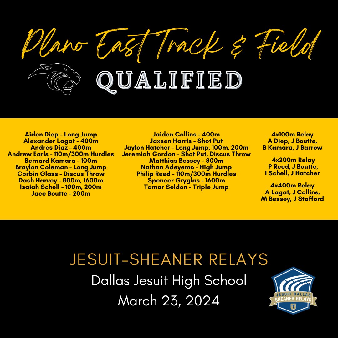 Congratulations to our Boys who Qualified for Jesuit tomorrow‼️💨💪 📍 Jesuit-Sheaner Relays 🏟️ Dallas Jesuit High School 🗓️ March 23, 2024 @PISDAthDept @EastPanthers1 @CoachReedXCTF