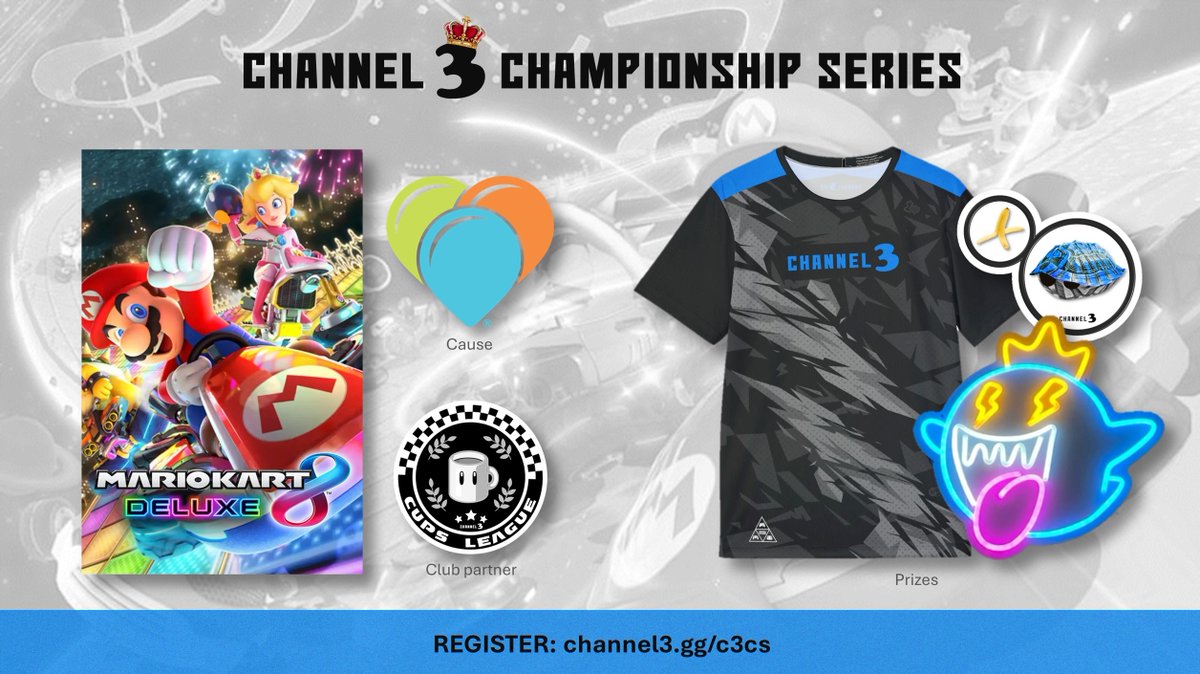 Our March Channel 3 Championship Series is almost here! 9 PM Eastern TONIGHT Game: Mario Kart 8 Benefitting Cause: A Kid Again Partner Club: Cups League Prize pool: personalized esports jerseys, neon signs, item stickers, and more Register for free at channel3.gg/rsvp