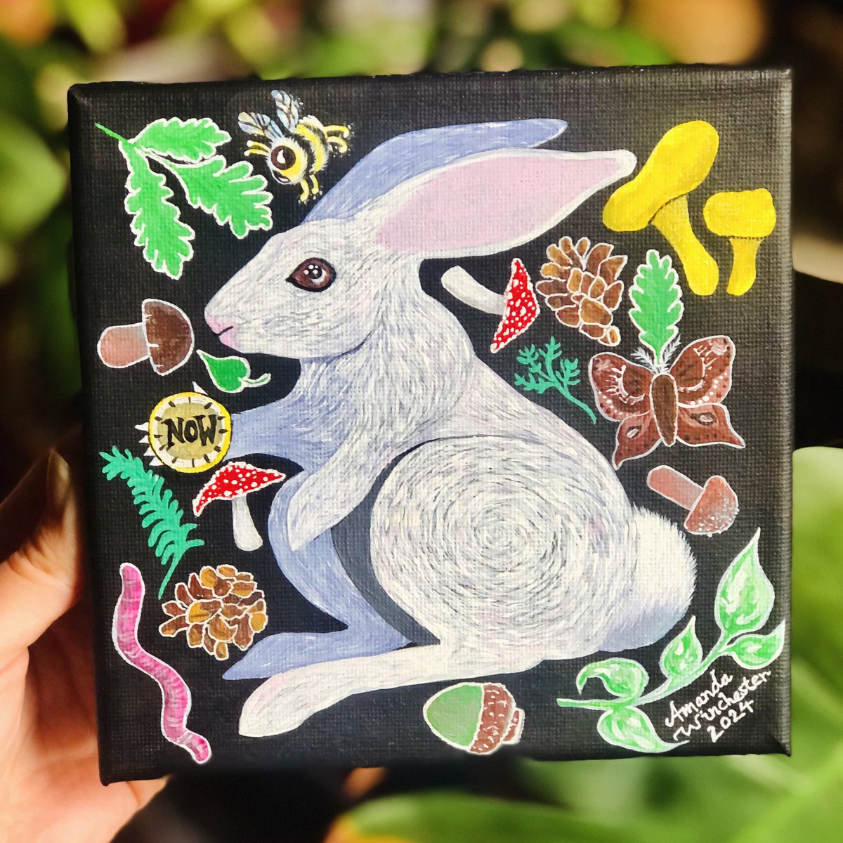 My newest finished painting 🙂 “The Time Is Now” 🕰️ White Rabbit, acrylic paint on 6” x 6” canvas 🐇 #art #newartwork