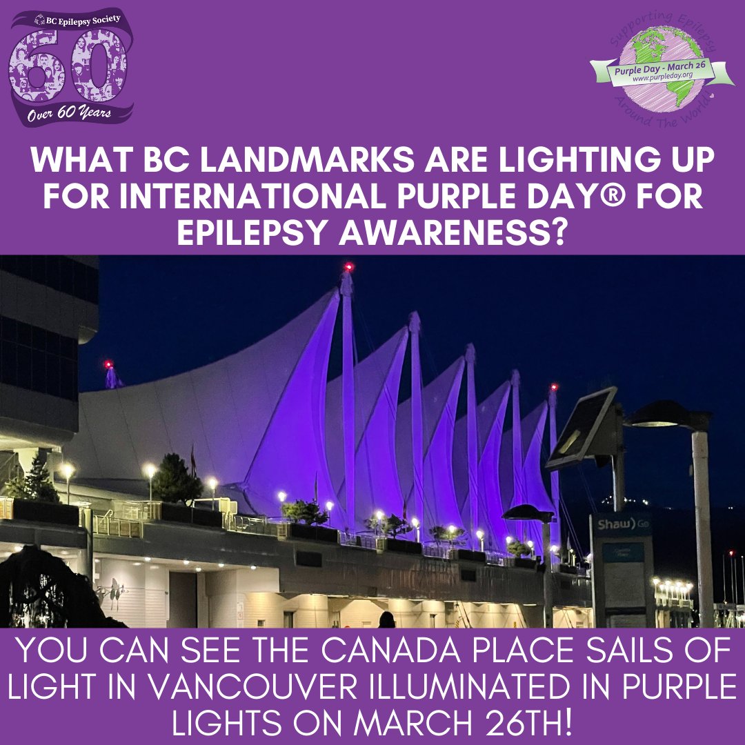 BCEpilepsy's tweet photo. On #PurpleDay on March 26th, 2024, you'll be able to see the Canada Place Sails of Light in Vancouver, BC lit up purple in honour of #epilepsy awareness! #PurpleDay2024 #EpilepsyAwarenessMonth #PurpleMonth #CanadaPlace #SailsofLight #Vancouver #EpilepsyAwareness https://t.co/ioAKLWDXcL