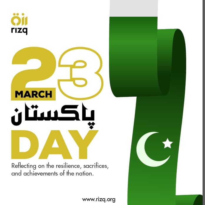 Rizq wishes you a very happy and safe Pakistan Day. Today, let's recall the vision of our Quaid Muhammad Ali Jinnah for Pakistan and put our efforts to make our country #HungerFree #Rizq #FoodGivingRevolution #RizqHero #mittadebhook #HungerFreePakistan #PakistanDay! 🙌🏻