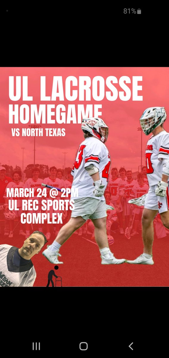 Come watch our last home game of the year!  University of North Texas, who has the oldest goalie in the <a href="/LSALacrosse/">Lone Star Alliance</a>, vs <a href="/RaginCajunsLax/">Ragin' Cajuns Lax</a> who might have the oldest Head Coach in the league (!) #GeauxCajuns  <a href="/MCLA/">MCLA</a> <a href="/stmcougarlax/">STM Cougar Lacrosse</a> <a href="/AcadianaLax/">Acadiana Lacrosse</a>
