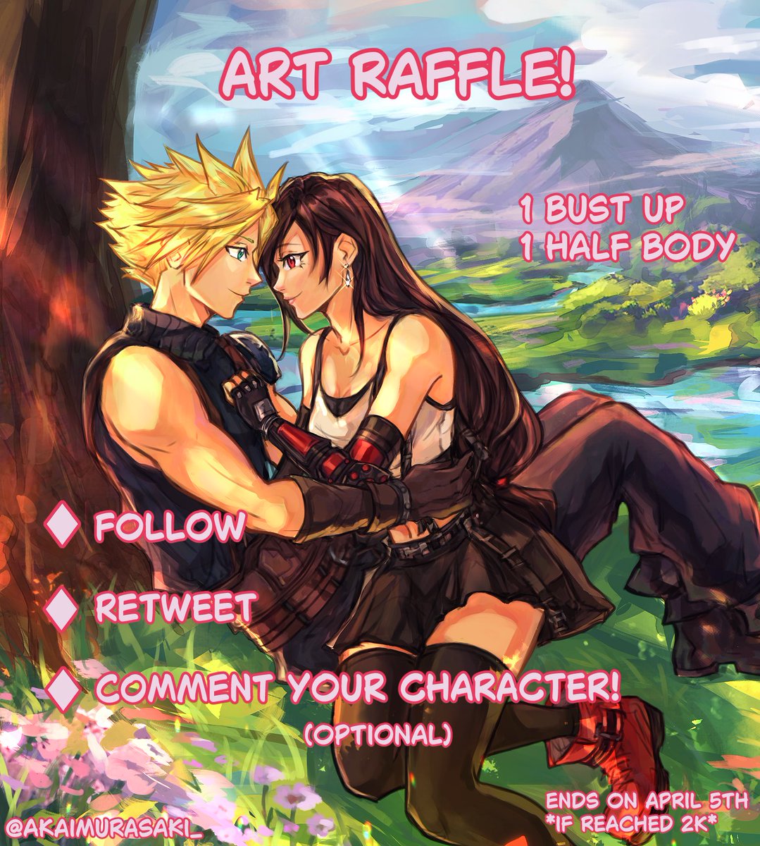 ☆★☆A R T R A F F L E☆★☆

Help me reach 2k followers!

How to enter: 

★Follow, like &amp; retweet!
★Have a character you'd like me to draw! 
★There will be two winners, 1 bust up &amp; 1 half body!

Ends on April 5th! Good luck 💖✨

#artraffle #artmoots #cloti #digitalart