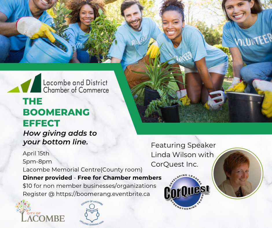 Join us on April 15th for an incredible learning opportunity. Discover the power of giving and its impact on your bottom line.
April 15th, 5pm - 8pm
Lacombe Memorial Centre
Chamber members attend free. Non-members $10.
Register now at boomerang.eventbrite.ca. Don't miss out!