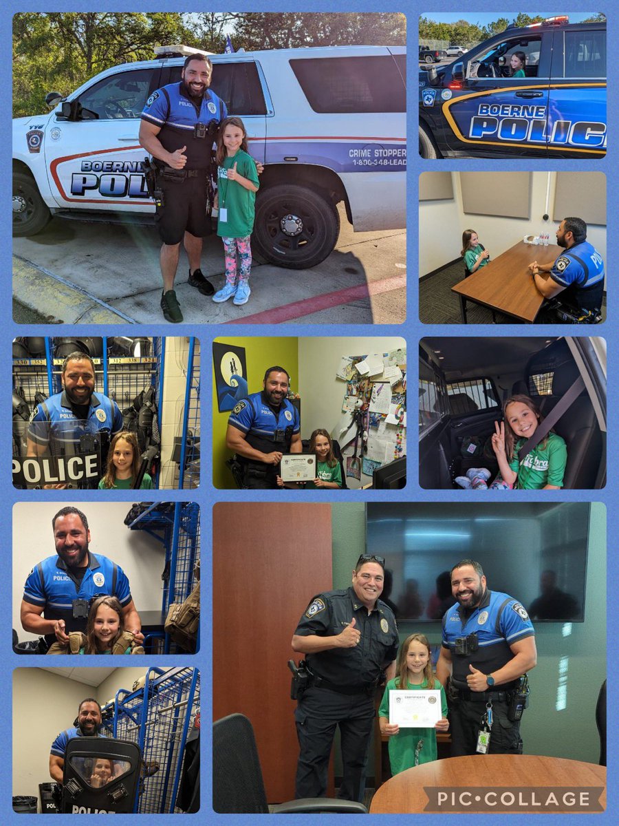 As a Read-a-thon fundraiser award, first grader Gemma Marsh has spent the day as Honorary SRO of the Day! Thank you to Officer Gomez and the Boerne Police Department for making this experience possible! #fabrafamily #SRO