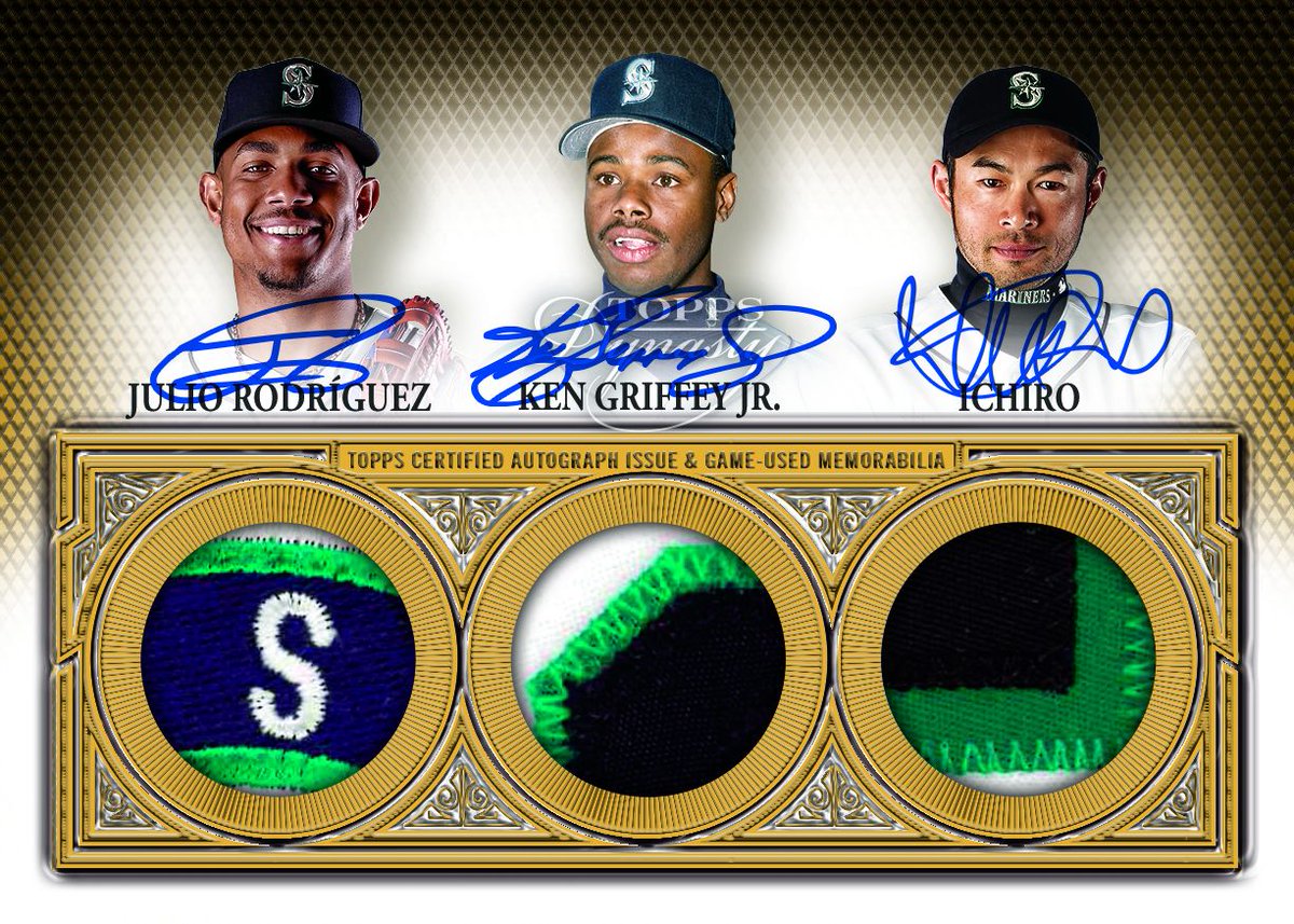 This is a 2023 Topps Dynasty Triple Patch Autograph with Julio Rodriguez, Ken Griffey Jr., & Ichiro Suzuki. As a Mariners fan, this might be one of the coolest cards I have ever seen in my life 🤯