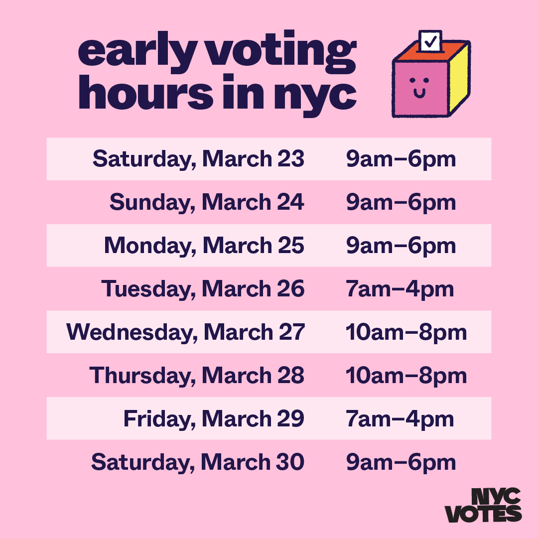 Early voting for New York's presidential primary begins TOMORROW, Saturday, March 23. Any registered voter can vote early. Tomorrow is also the deadline to register to vote in this election. Look up your poll site and check your voter registration at nycvotes.org.