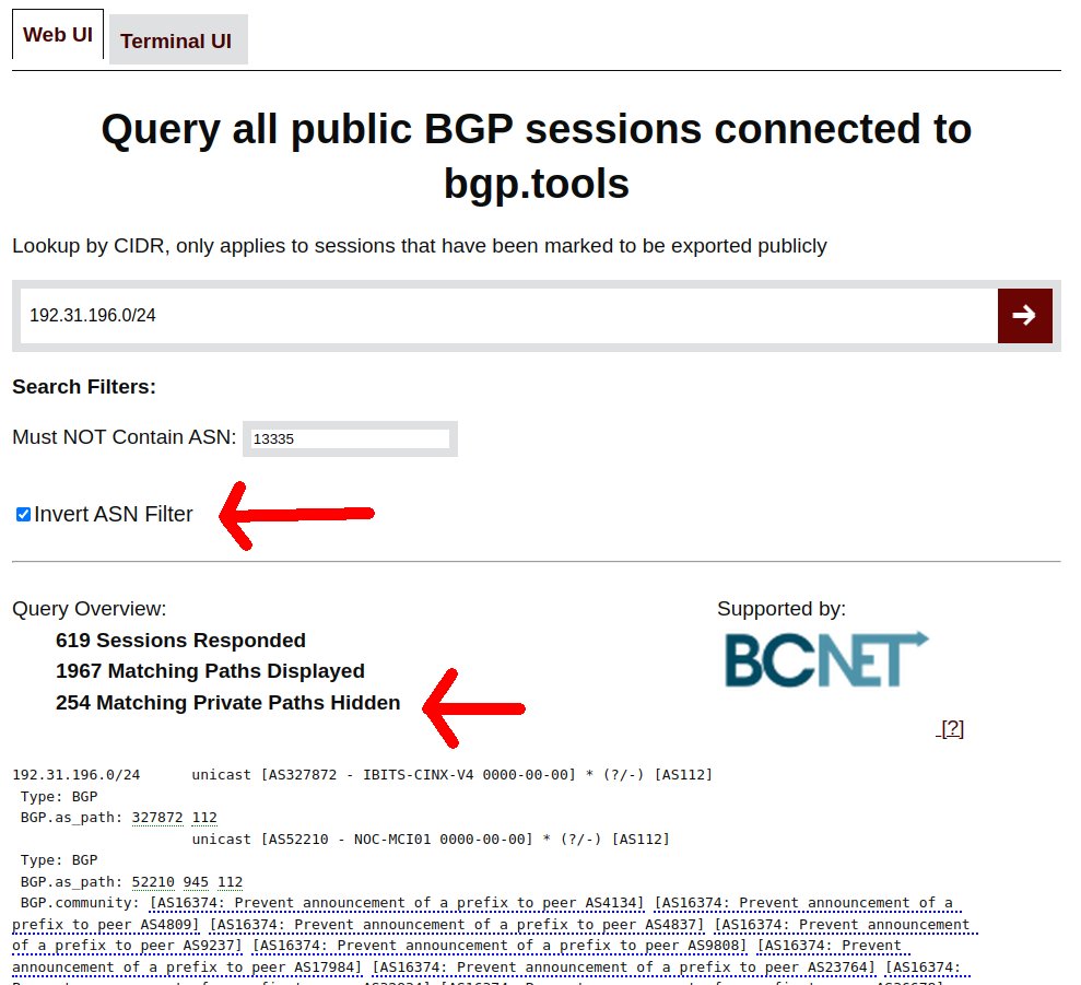 Small improvement to the bgp.tools looking glass!

You can now invert the search, and you can also see how many matching paths were "hidden" due to the feeds export settings